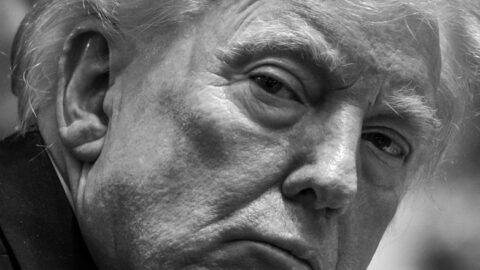 Donald Trump in a black and white portrait