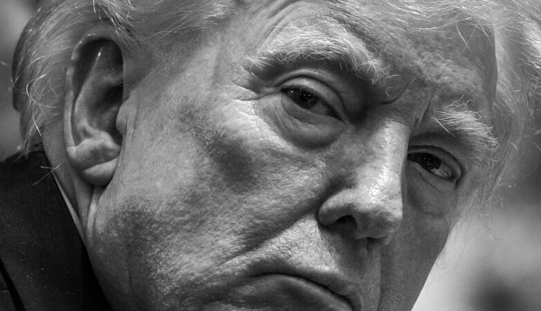 Donald Trump in a black and white portrait