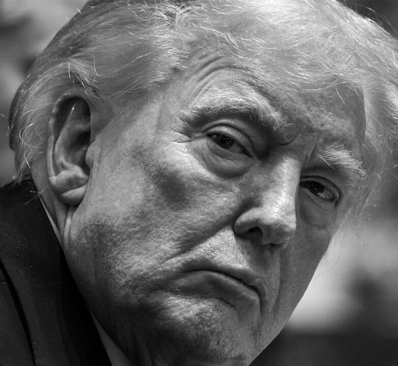 Donald Trump in a black and white portrait