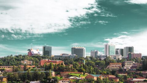Kigali city skyline above green hills in Rwanda
