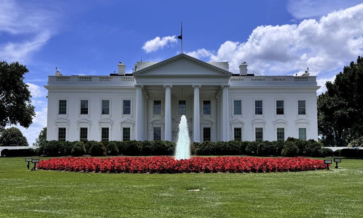 White House north facade with fountain and red flower beds