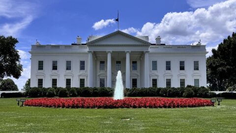 White House north facade with fountain and red flower beds