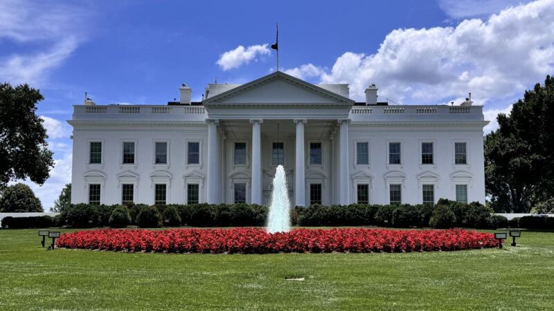 White House north facade with fountain and red flower beds