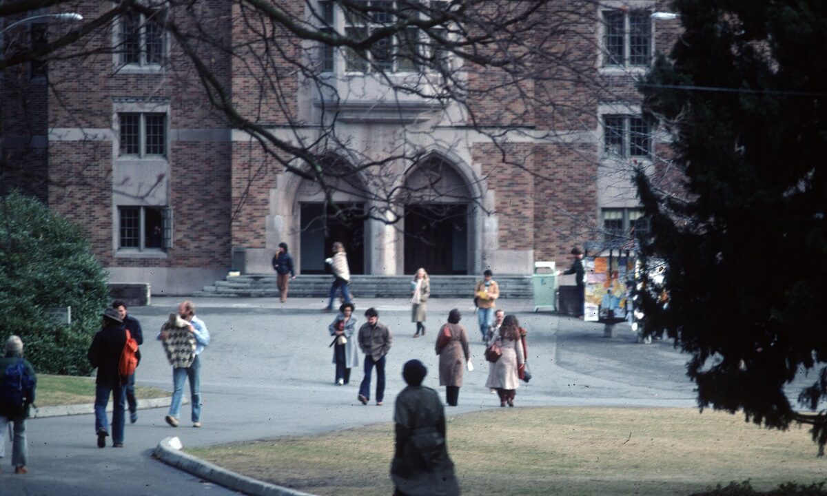 University of Washington campus building with students in 1979