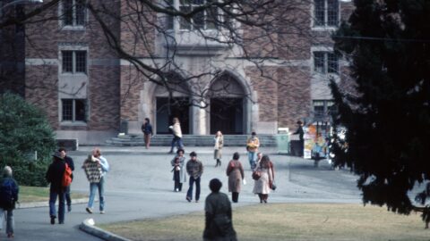 University of Washington campus building with students in 1979