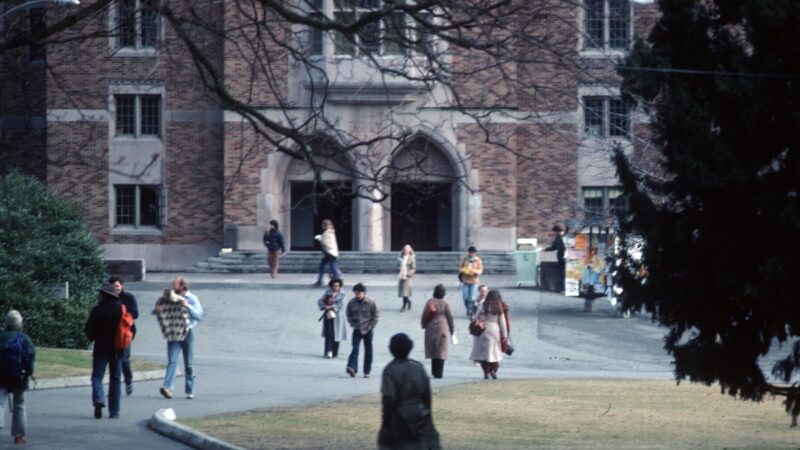 University of Washington campus building with students in 1979